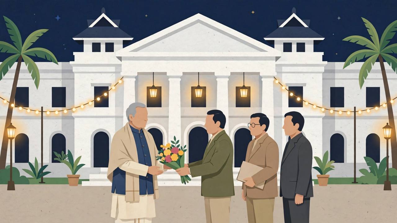 Editorial illustration of an official welcome ceremony outside a government building in Thiruvananthapuram at night, with officials greeting a senior dignitary