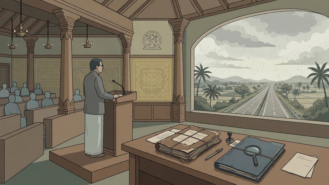Editorial illustration of a state assembly hall with a minister at a podium, an old road project file and a vigilance inquiry folder, representing the fresh probe into the 2006 Kerala road project