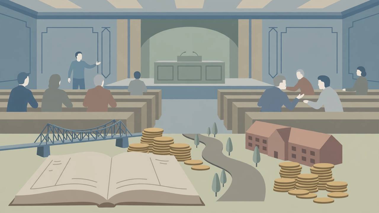 Editorial illustration of legislators debating in a state assembly hall with infrastructure project models and large account ledgers in the foreground