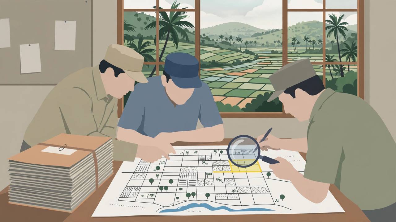 Editorial illustration of officials examining land-acquisition files and a survey map of farmland plots in Kannur, Kerala, with palm trees and green fields through a window