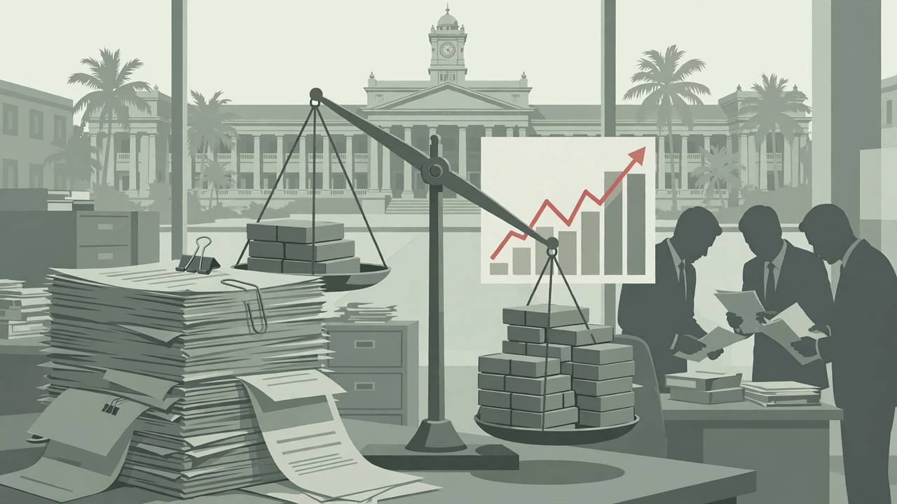 Editorial illustration of loan files, a tipping balance scale and a government building in Thiruvananthapuram