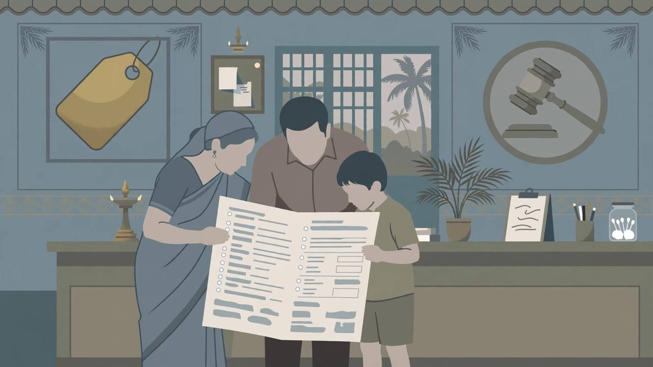 Editorial illustration of a family at a private hospital reception looking at a large medical bill