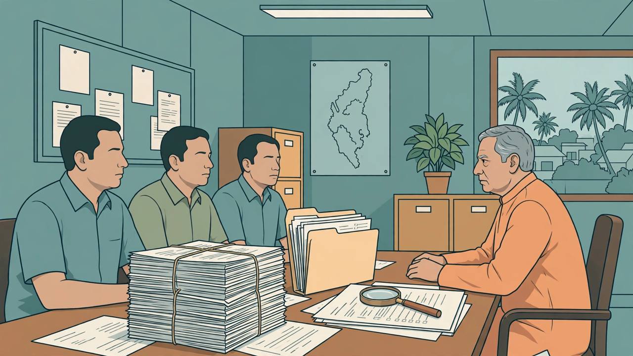 Editorial illustration of investigators questioning a senior administrator across a table stacked with examination answer scripts in Thiruvananthapuram