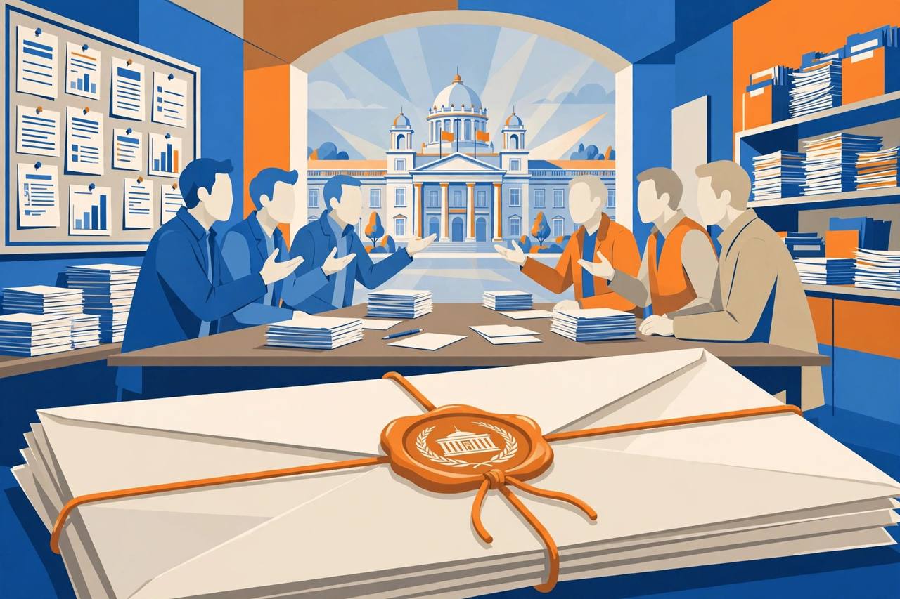 Editorial illustration of generic political figures debating across a table with examination papers and a large sealed official letter in the foreground, with a government secretariat building behind them