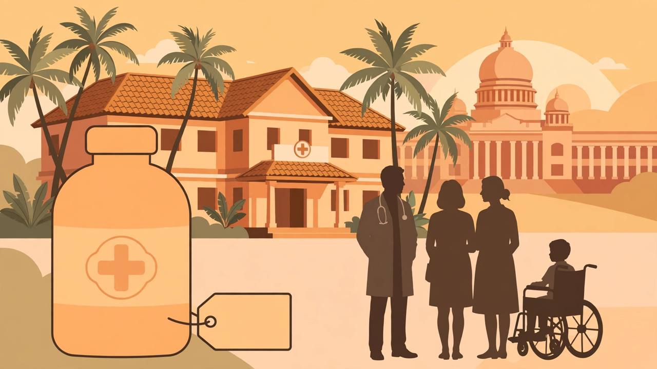 Editorial illustration of a generic medicine bottle with a blank price tag in front of a Kerala hospital building, with generic silhouettes of a doctor, parents and a child in a wheelchair