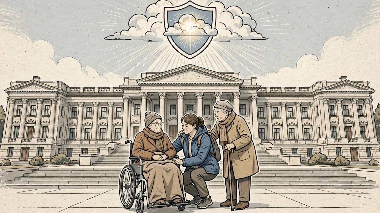 Editorial illustration of senior citizens with a caregiver in front of a legislative assembly building under a protective shield