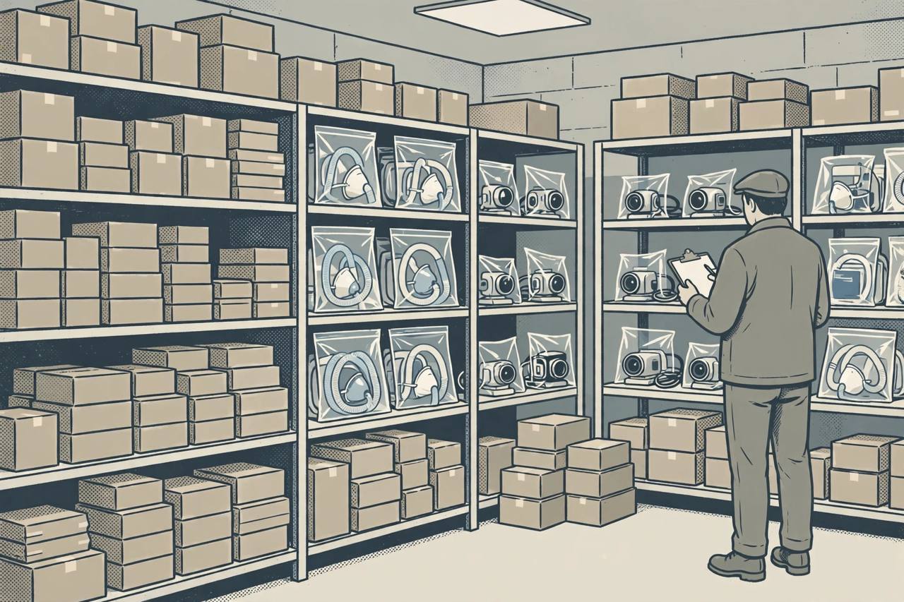 Editorial illustration of unused medical equipment, including boxed smartphones and ventilators, stacked in a government hospital storeroom