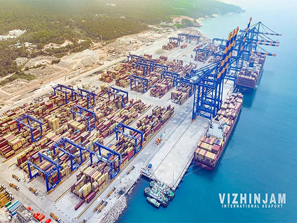 A large container ship docked at Vizhinjam port near Thiruvananthapuram
