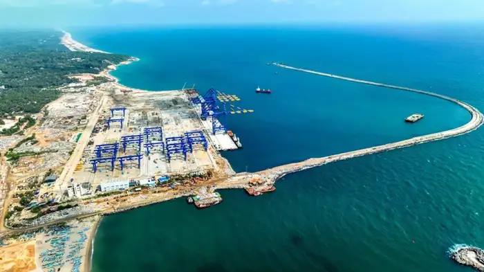 Aerial file photo of the Vizhinjam International Seaport breakwater and container terminal on the Thiruvananthapuram coast