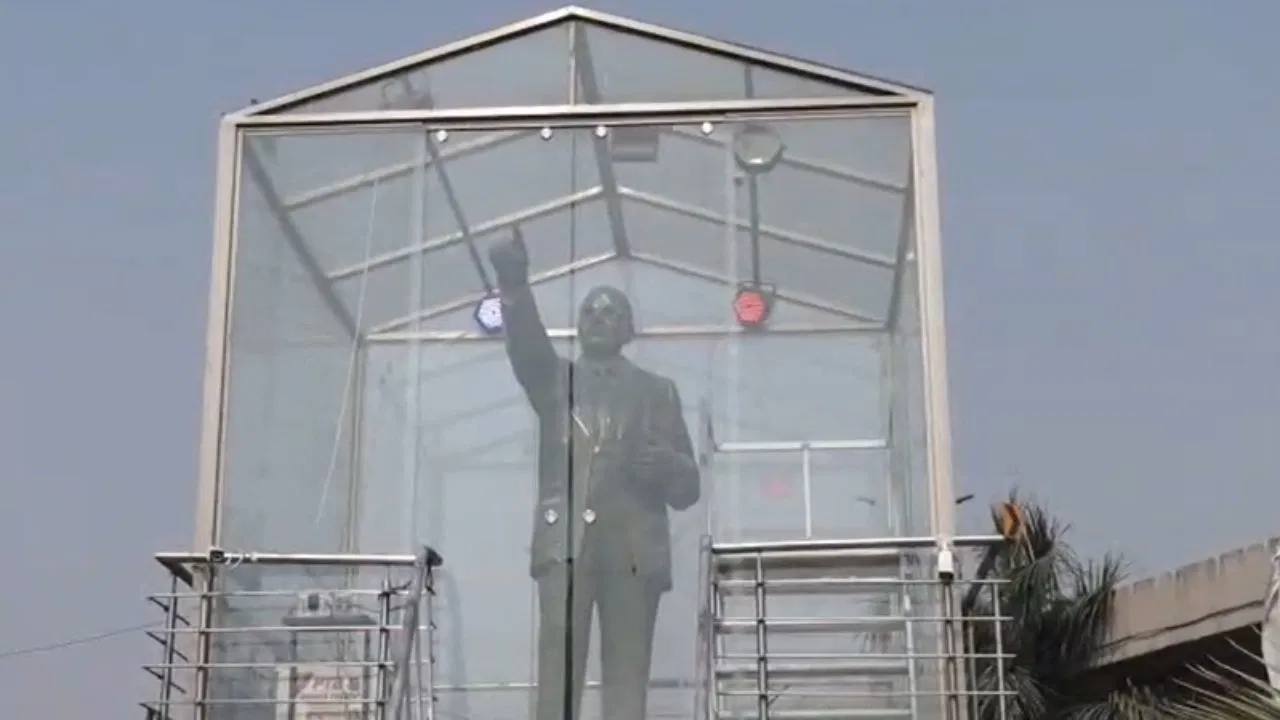 Dr B R Ambedkar statue inside its protective glass enclosure at Jalandhar Bypass Chowk in Ludhiana