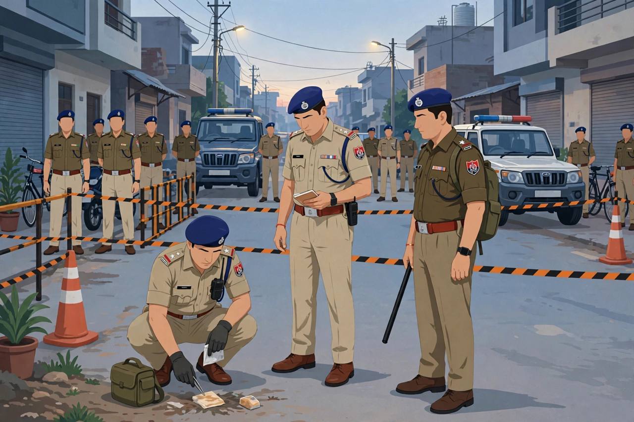 Editorial illustration of Punjab police conducting a cordon-and-search operation at dawn in a Ludhiana neighbourhood, generic figures, no real people, no text