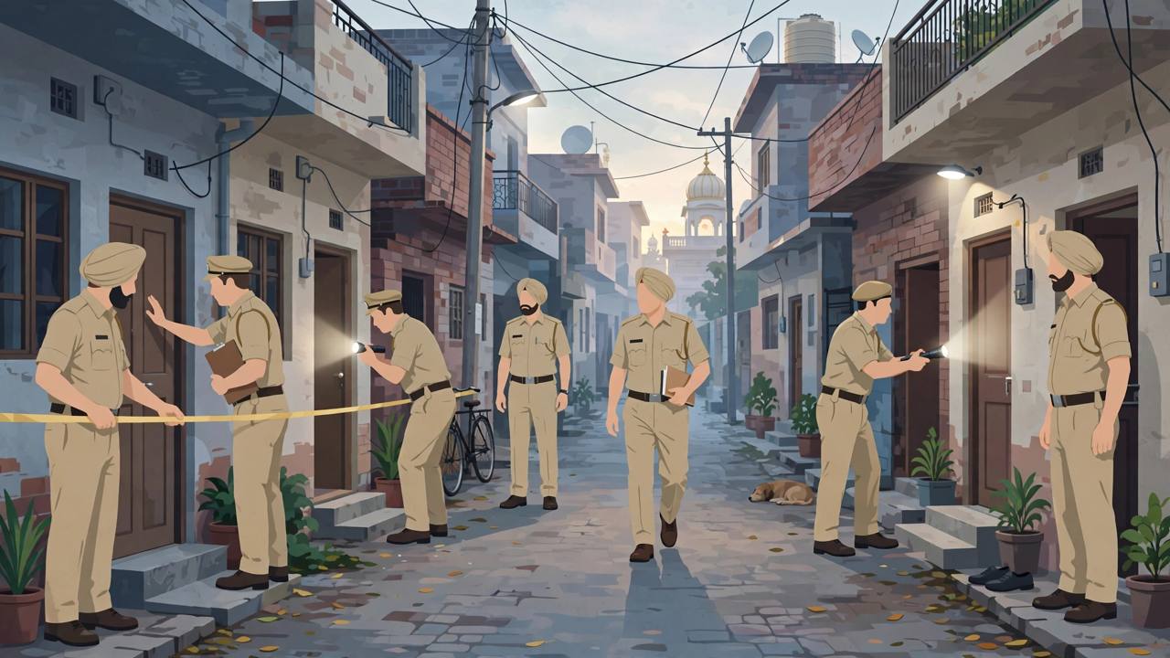 Editorial illustration of Punjab Police officers conducting an early-morning cordon and search operation in a Ludhiana street