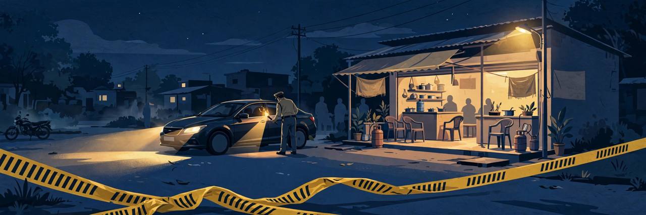 Editorial illustration of a car outside a roadside eatery at night in Ludhiana, with a police officer examining the car by torchlight behind yellow police tape