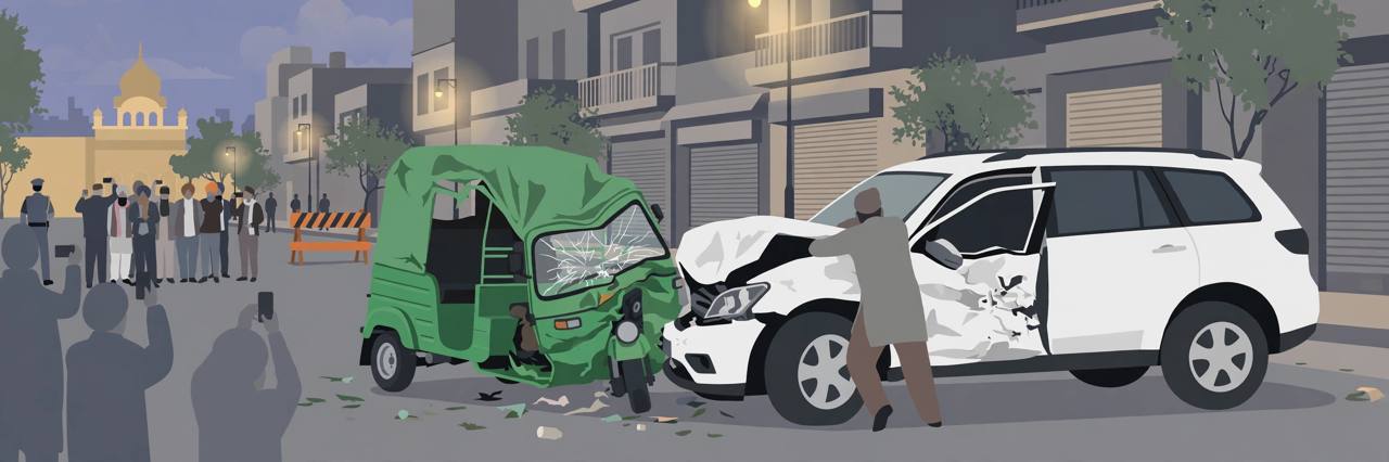 Editorial illustration of an SUV and e-rickshaw road confrontation in Ludhiana
