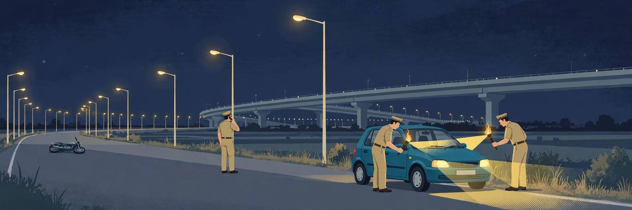 Editorial illustration of police examining a car at night on a highway bypass near Ludhiana