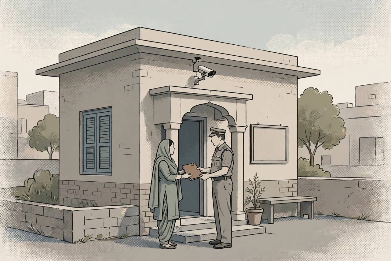 Editorial illustration of a woman handing a complaint folder to a police officer outside a Punjab police post, with a CCTV camera on the wall