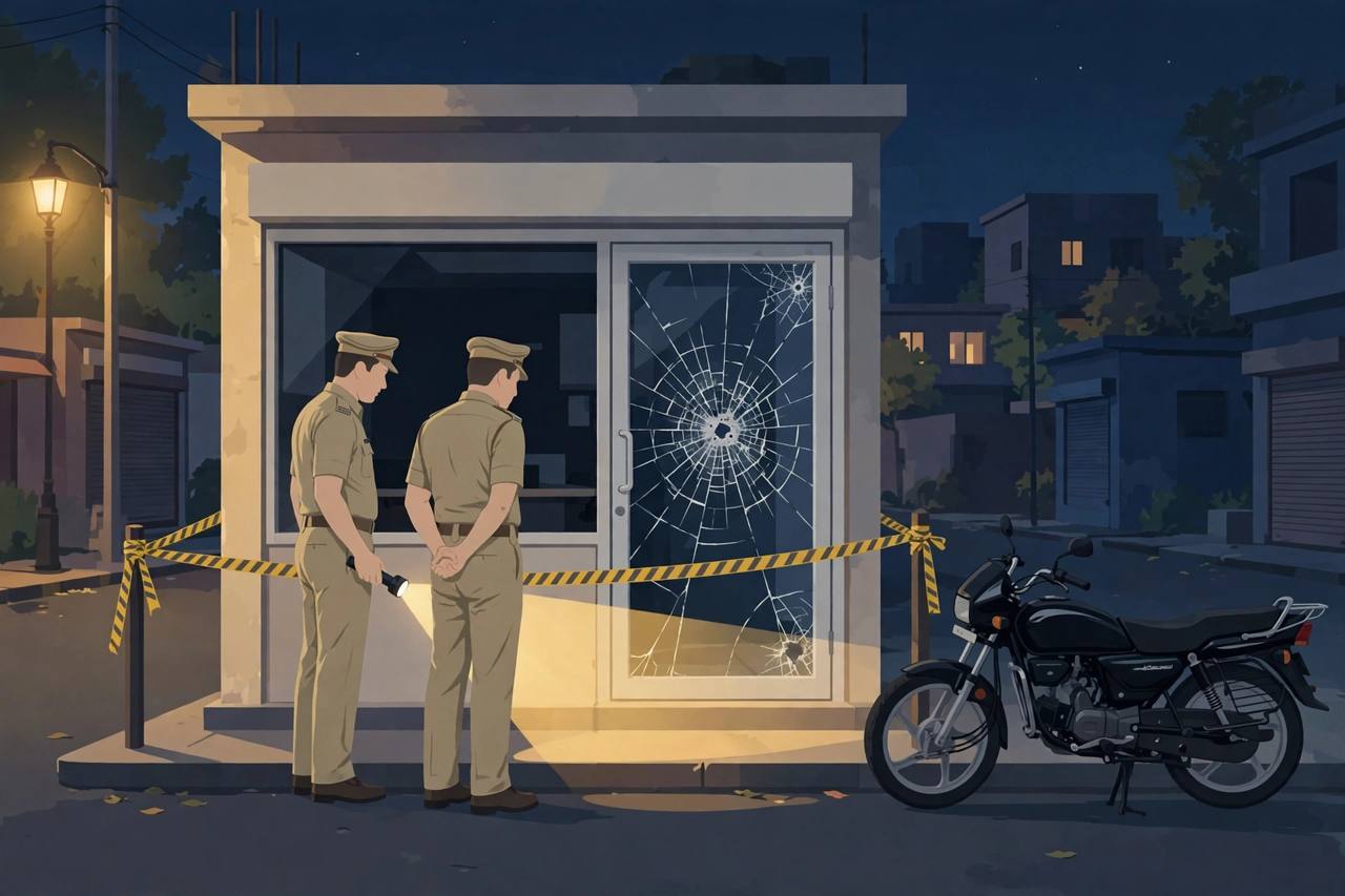 Editorial illustration of police officers examining a Ludhiana immigration office storefront with a bullet-cracked glass door at night, with a black motorcycle nearby