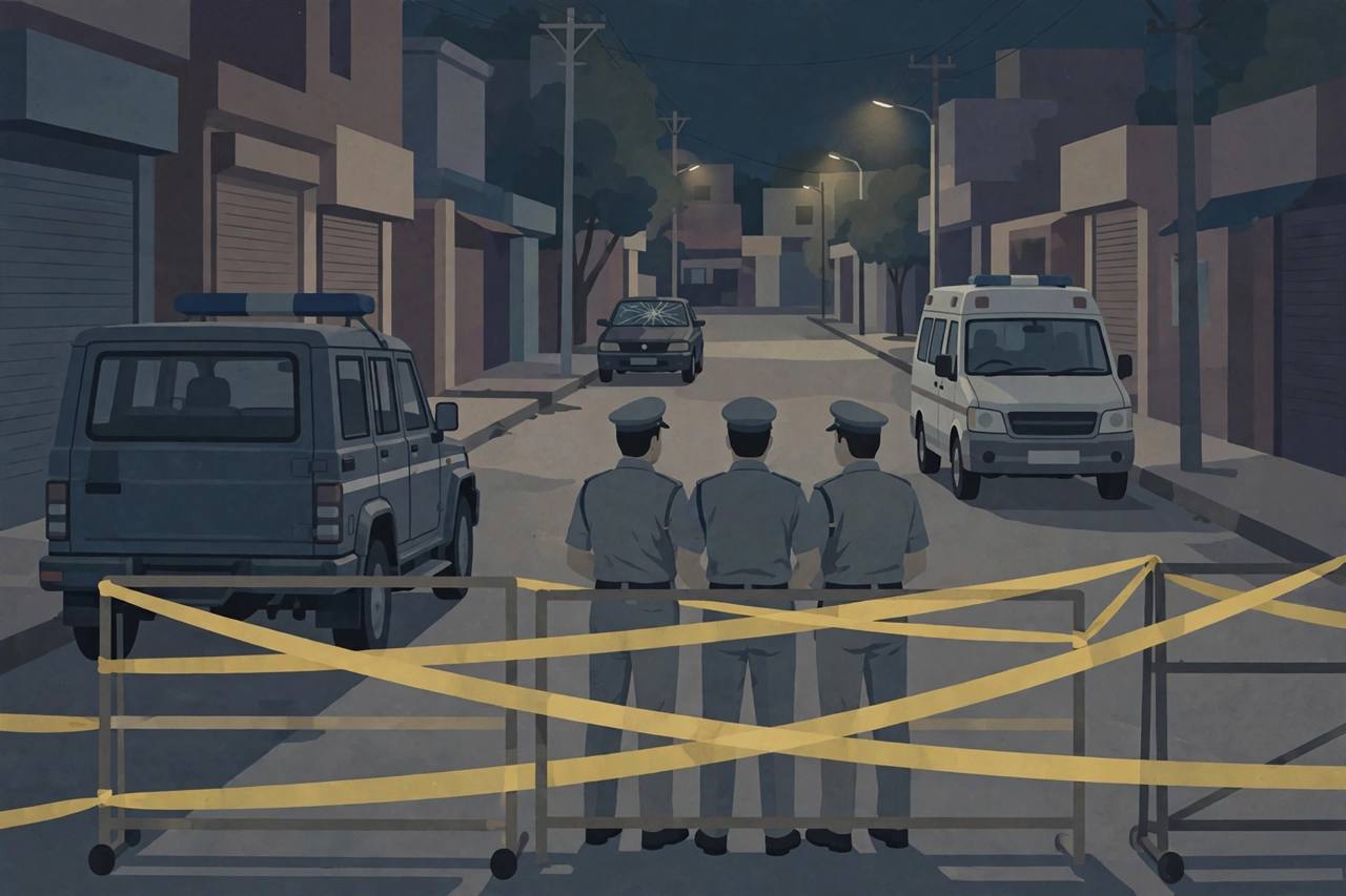 Editorial illustration of a somber Ludhiana street at night with police cordon tape, a police vehicle and an ambulance in the distance