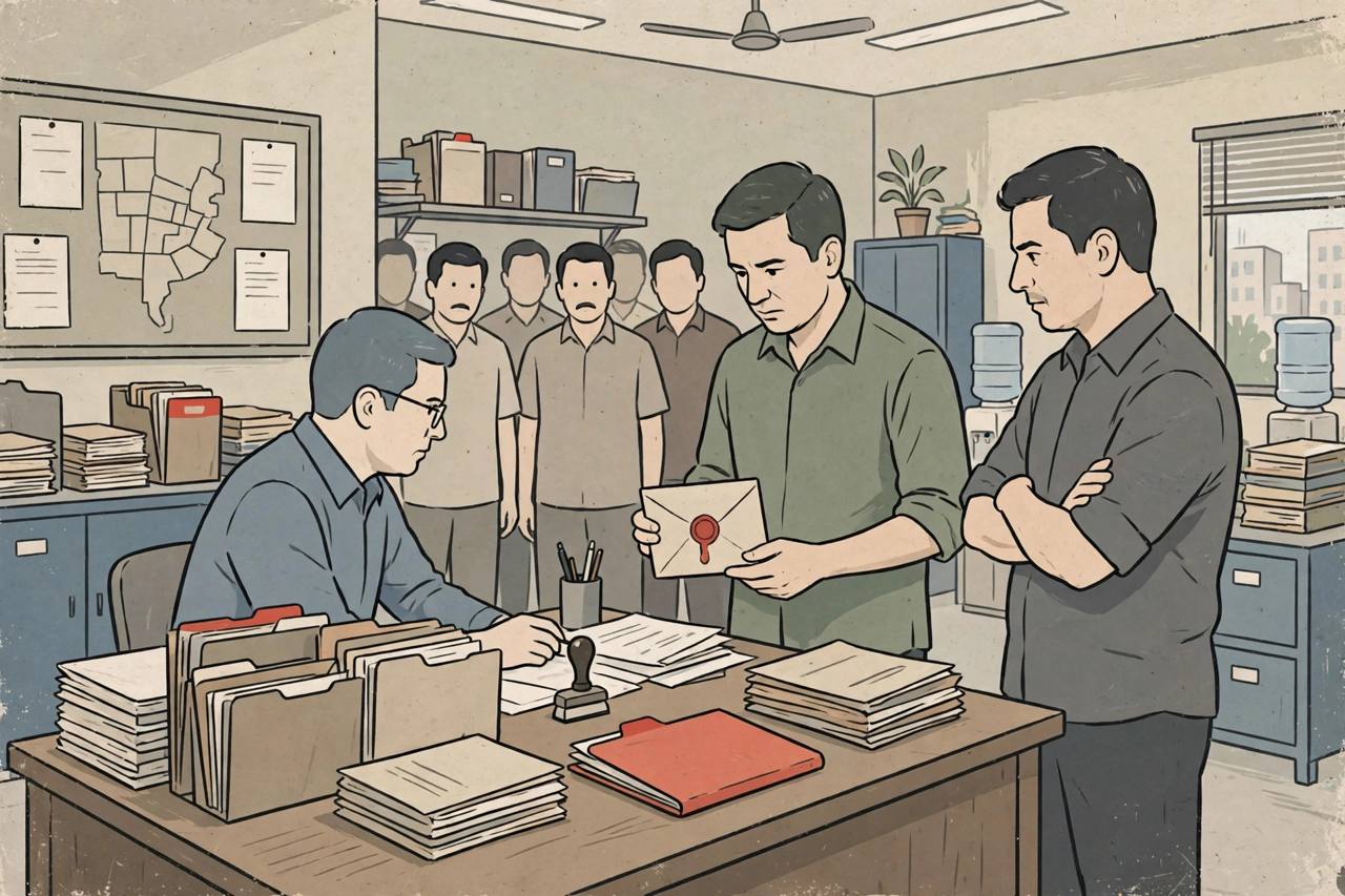 Editorial illustration of a vigilance trap inside a municipal corporation office in Ludhiana