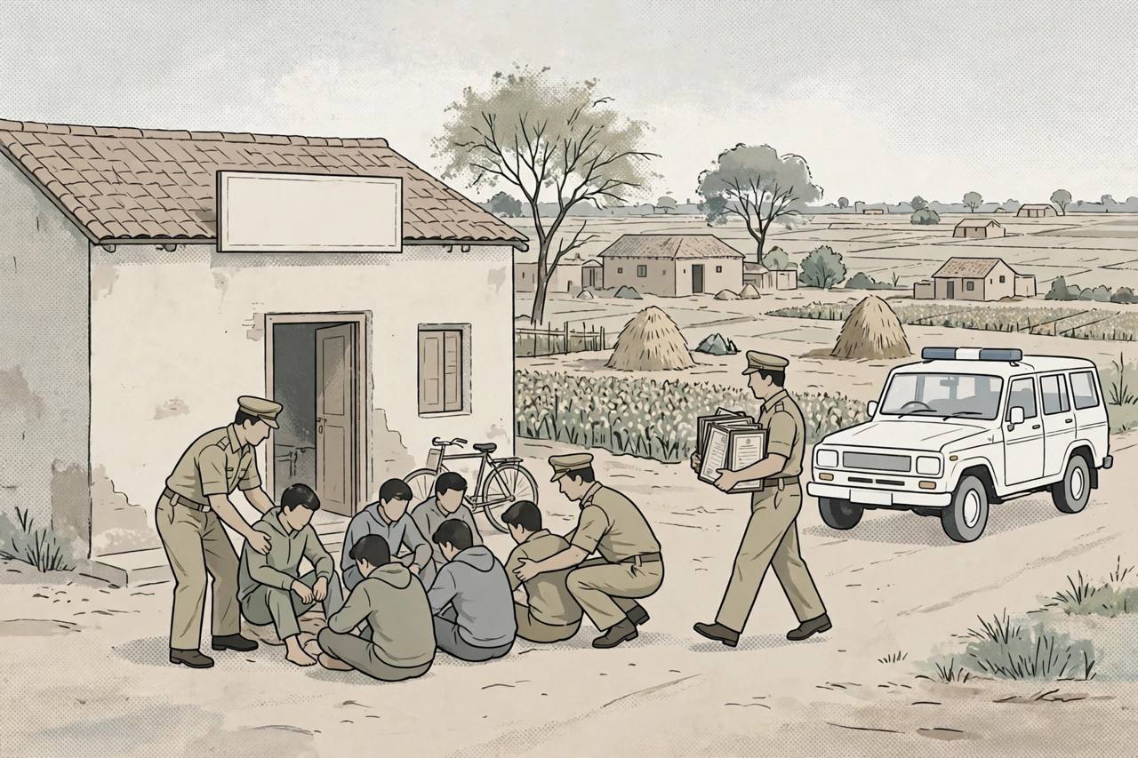 Editorial illustration of police officers helping men seated outside an unlicensed village de-addiction centre in Malerkotla district, with an officer carrying framed certificates as evidence