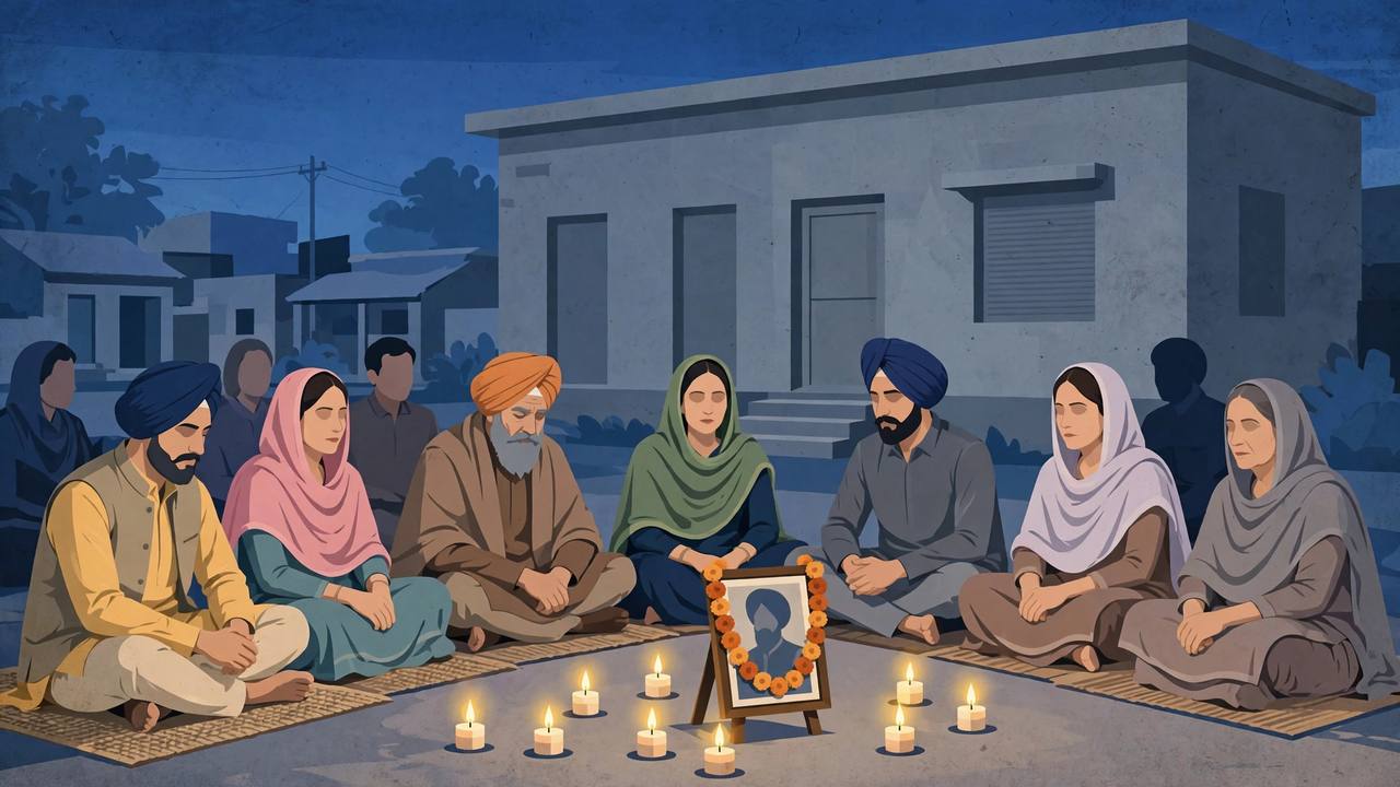 Editorial illustration of a candlelight protest sit-in outside an administrative building in Mansa