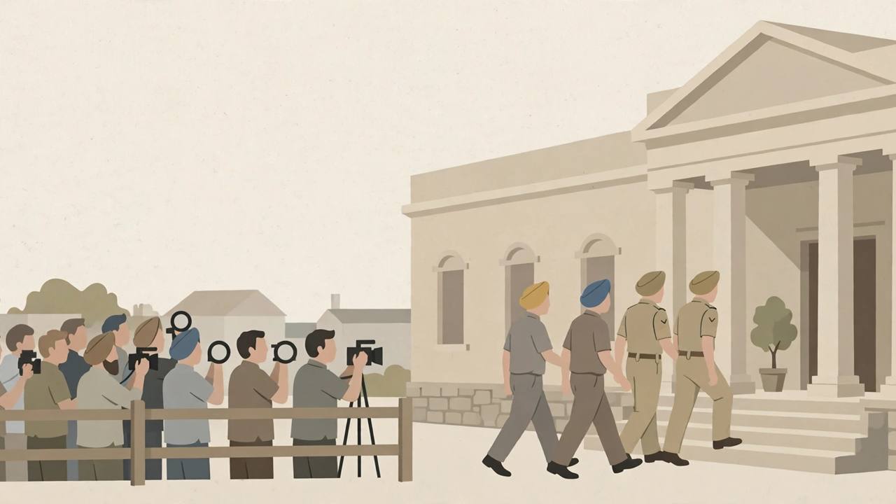 Editorial illustration of two men being escorted by police into a district court building in Punjab as journalists watch from behind a barrier
