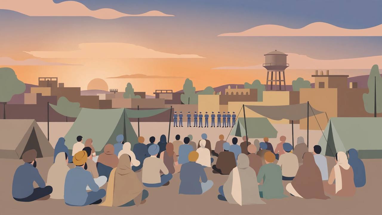 Editorial illustration of a protest morcha in Mansa at dusk, with protesters seated before tents and police deployed at a distance