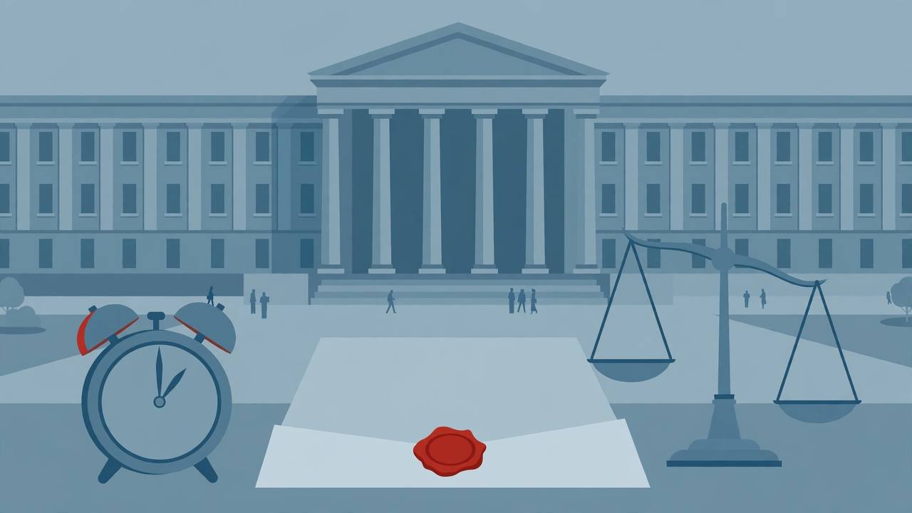 Editorial illustration of a human rights commission building with an official notice document