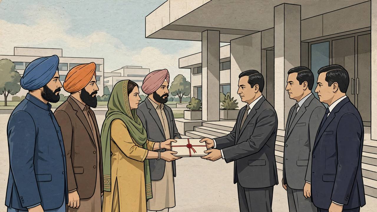 Editorial illustration of a political delegation handing a memorandum at a human rights commission office