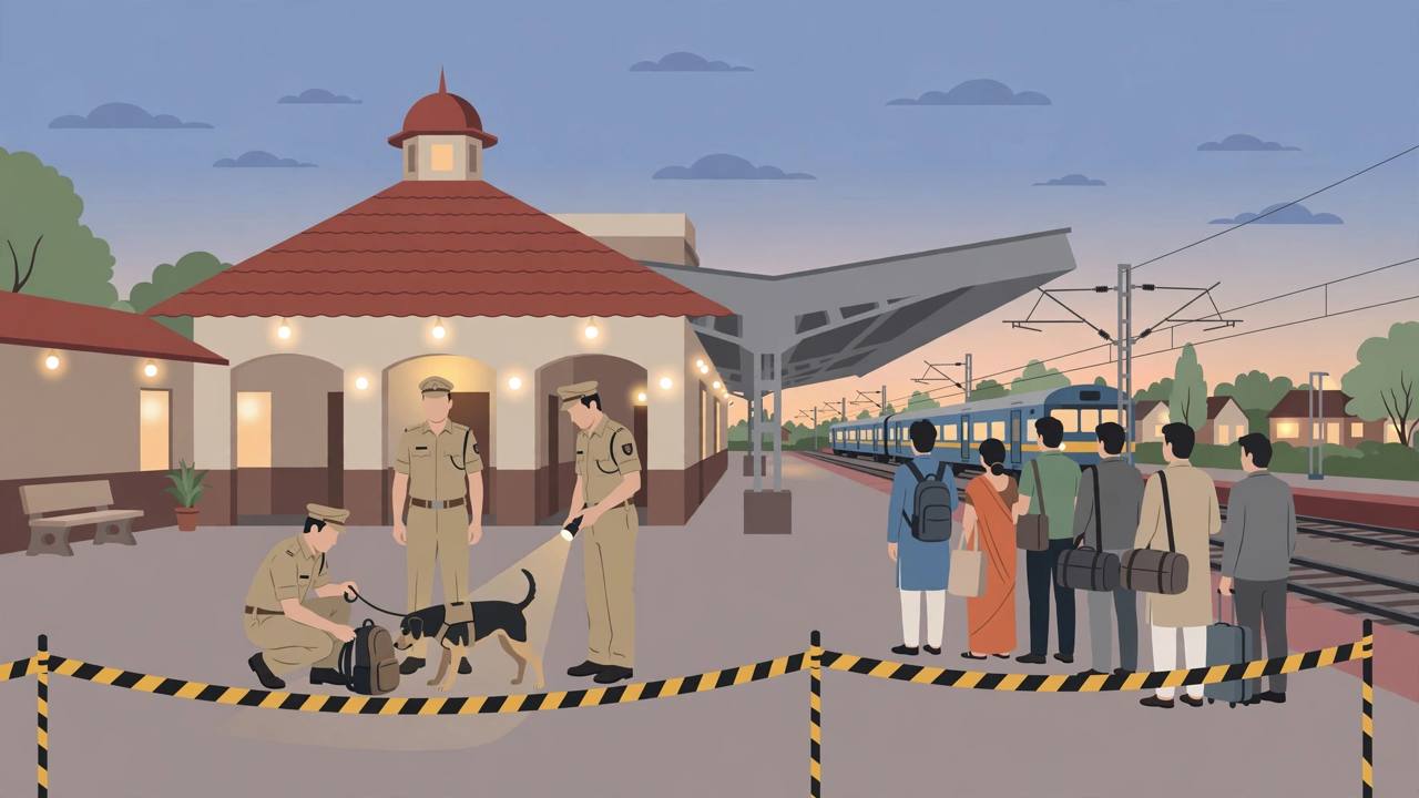 Editorial illustration of police officers with a sniffer dog searching a railway station platform