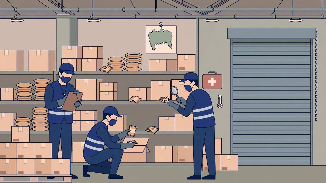 Editorial illustration of food safety inspectors examining boxes and food packets on shelves inside a warehouse in Maharashtra
