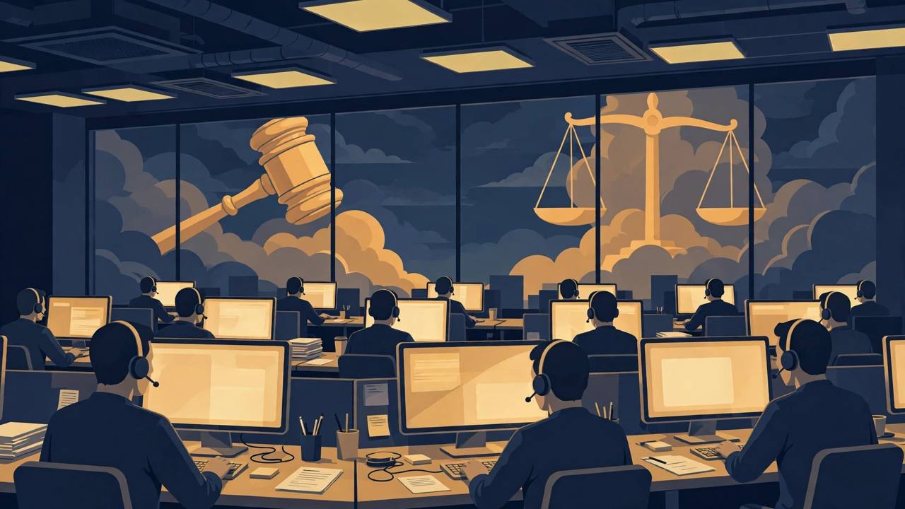 Editorial illustration of a call centre with headset operators at computer desks, with a judge's gavel and scales of justice in the background