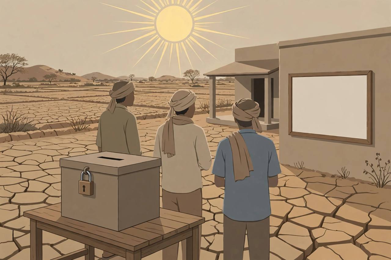Editorial illustration of a locked ballot box outside a government office with dry cracked farmland and generic farmers in the background