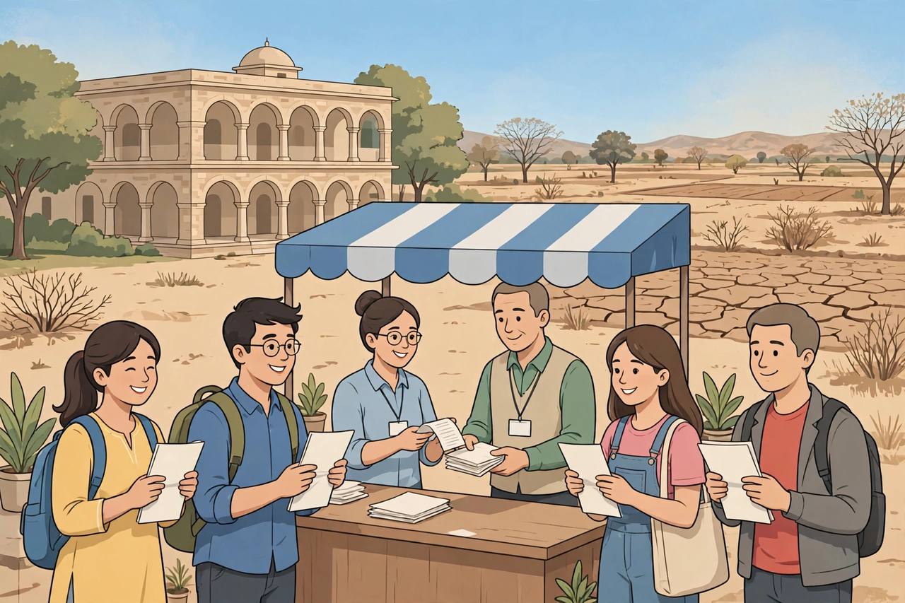 Editorial illustration of university students in Maharashtra holding examination forms outside a university building, with dry drought-affected fields in the distance