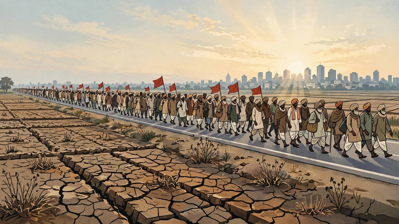 Editorial illustration of farmers with red flags marching along a highway toward a distant city skyline beside dry cracked farmland