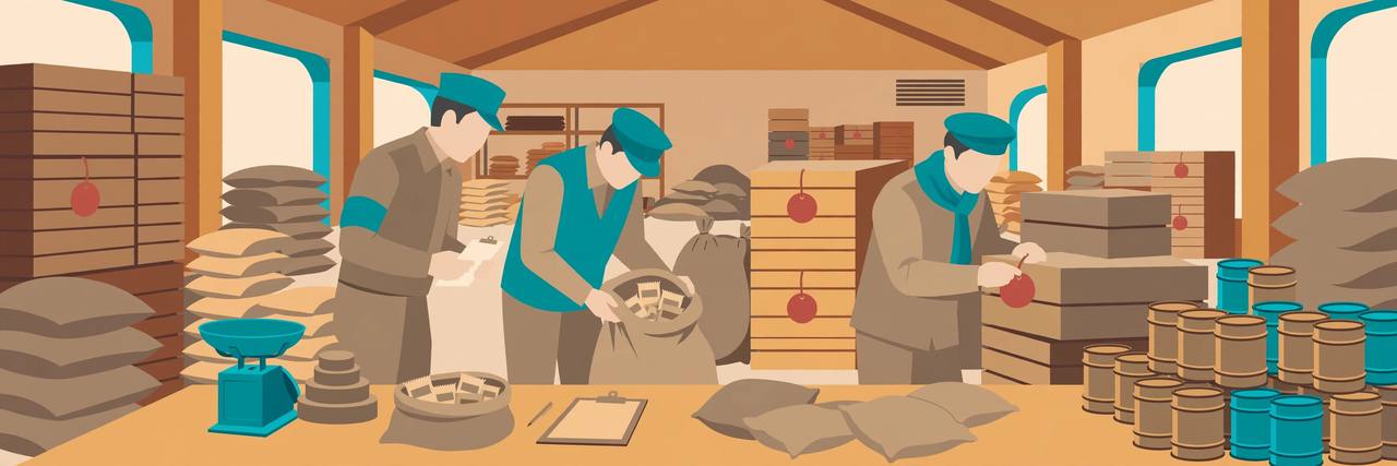 Editorial illustration of food safety inspectors examining crates, sacks and oil tins inside a warehouse, with red seal tags on seized stock