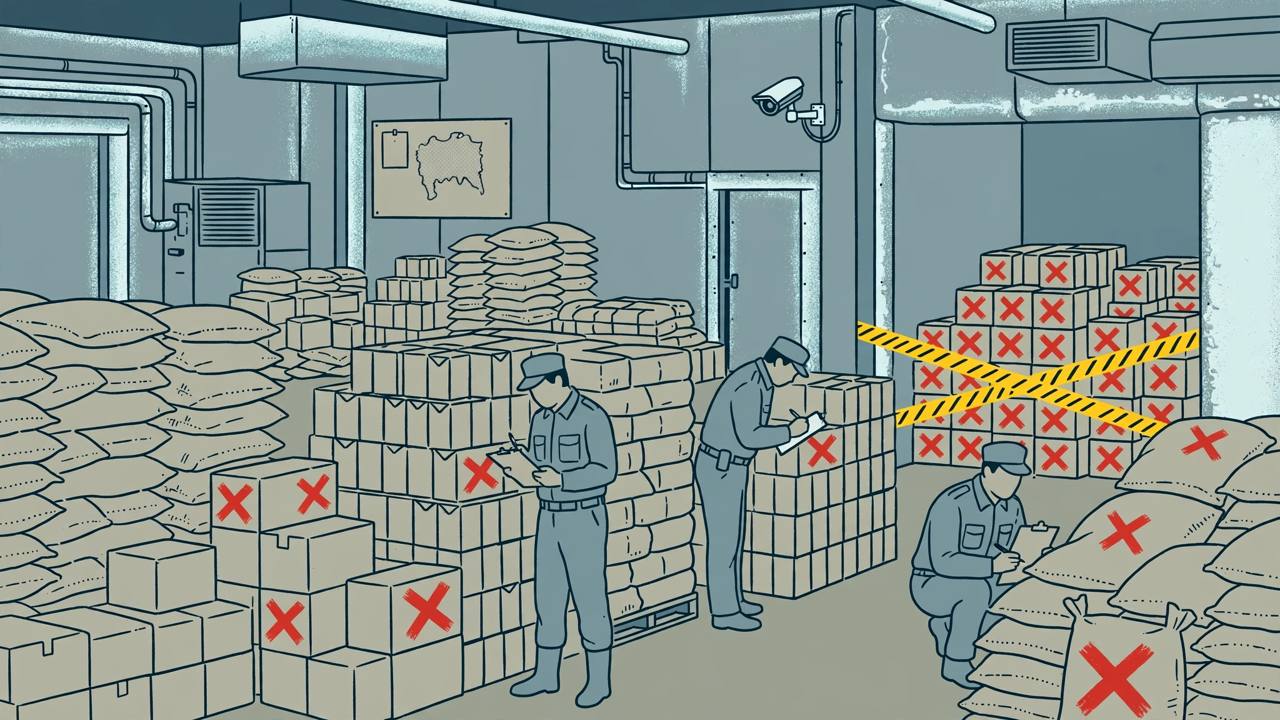 Editorial illustration of generic food-safety inspectors examining stacked food cartons in a warehouse cold storage with a sealed quarantine area
