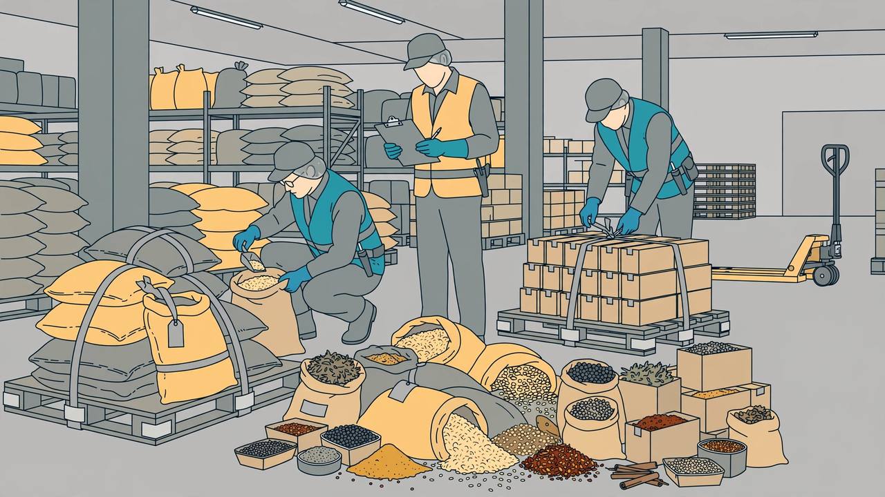 Food safety inspectors examine seized food stock in a warehouse (Editorial illustration)