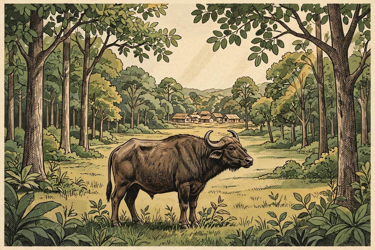 Editorial illustration of a wild buffalo in a forest clearing in Gadchiroli, Maharashtra