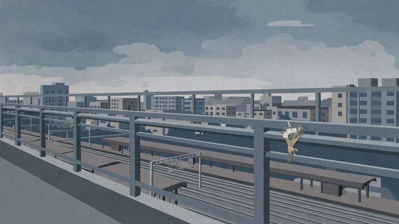 Editorial illustration of an empty pedestrian skywalk beside a Mumbai suburban railway station at dusk with a small bouquet of white flowers on the railing