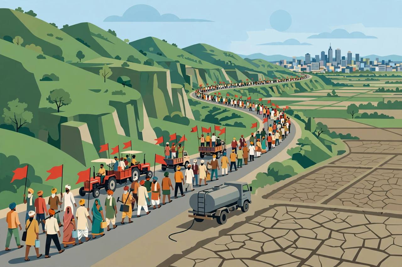 Editorial illustration of farmers with red flags marching along a highway through a ghat pass toward Mumbai, with dry cracked farmland beside the road