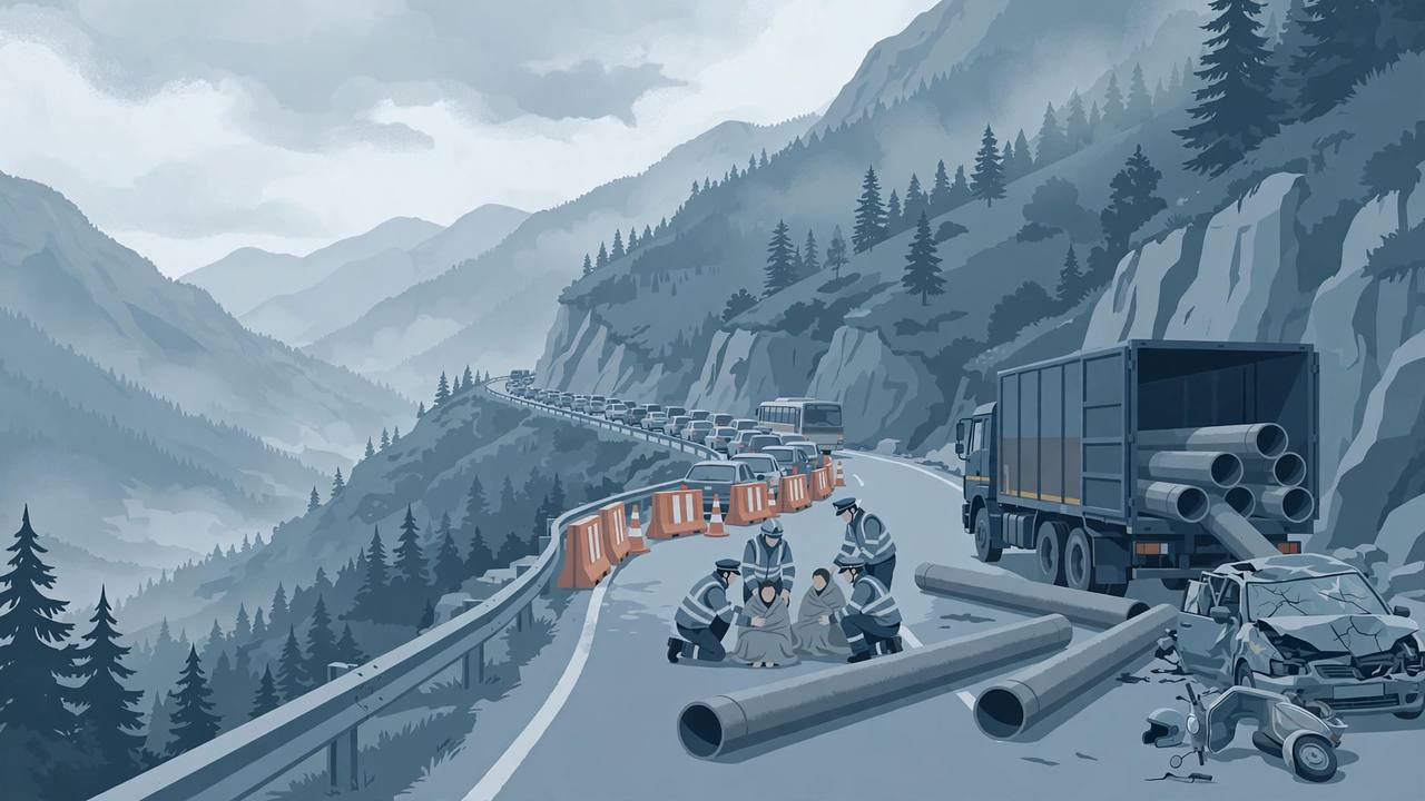 Editorial illustration of large iron pipes fallen from a truck on a ghat highway near Khopoli, with police and rescue workers helping people beside a damaged car and scooter