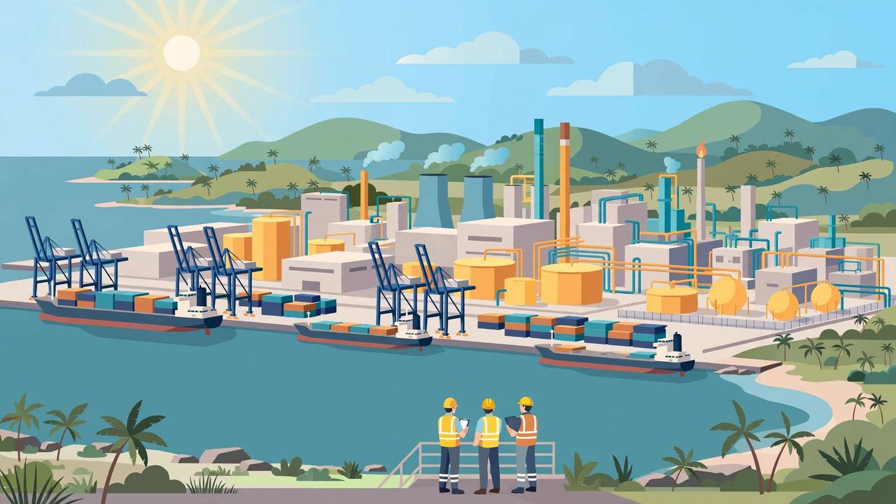 Editorial illustration of a chemical industrial hub near a port with factories, storage tanks, cargo ships and generic workers in safety helmets