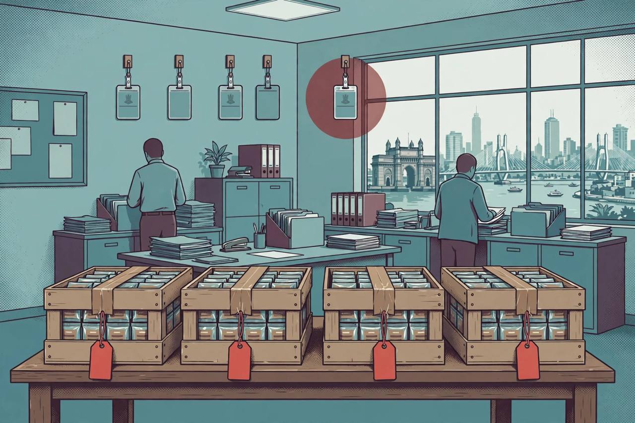Editorial illustration of sealed crates of flavoured hookah tobacco on a Maharashtra FDA office table with red suspension order tags and official identity badges hanging on hooks