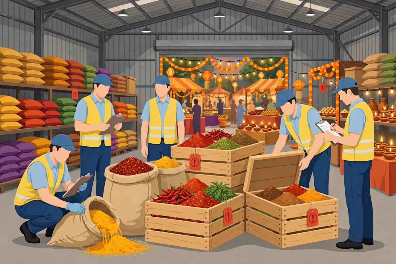 Editorial illustration of food safety inspectors examining sacks and crates of spices in a Maharashtra warehouse