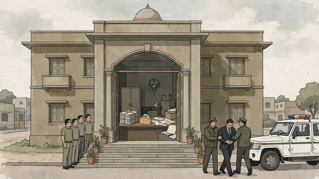 Editorial illustration of generic anti-corruption officers escorting a generic municipal official from a civic office building towards a police vehicle in Malegaon
