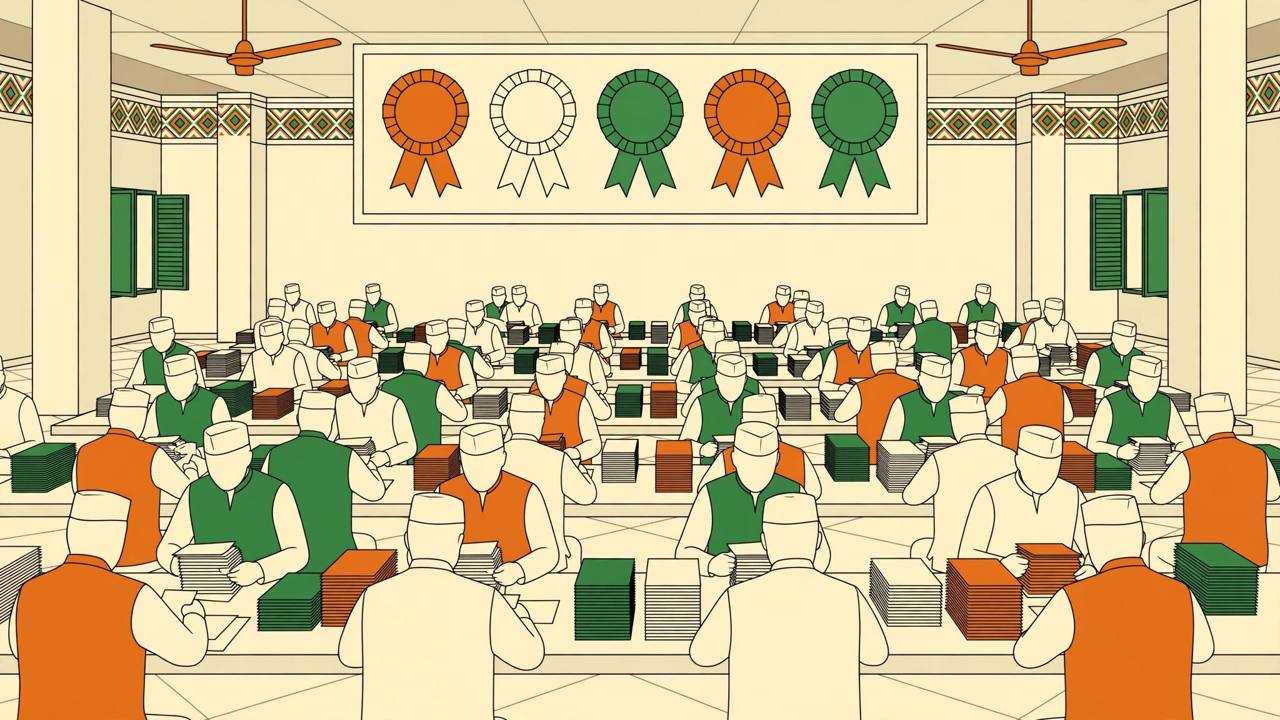 Editorial illustration of officials counting paper ballots at long tables in a counting hall, with five rosettes displayed on a board above them