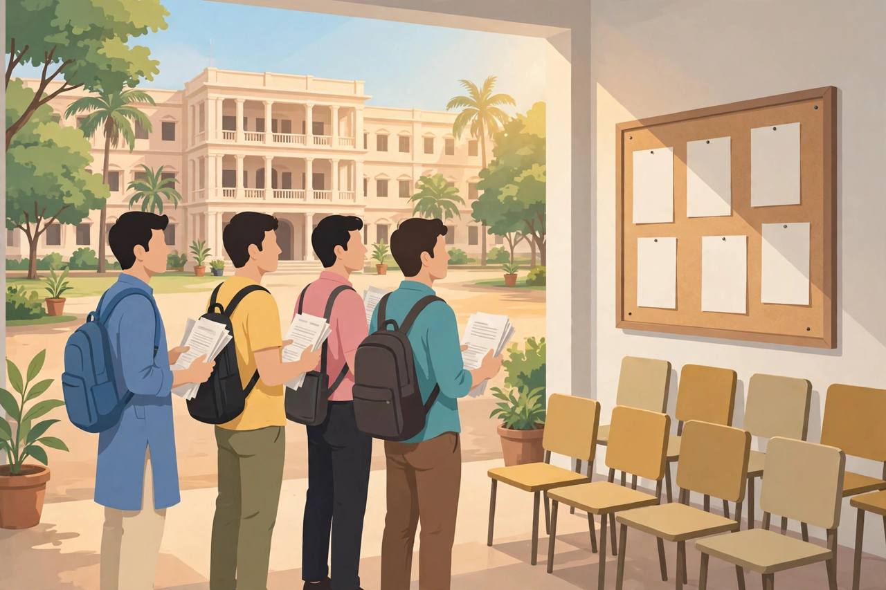 Editorial illustration of students with admission documents outside a medical college in Maharashtra