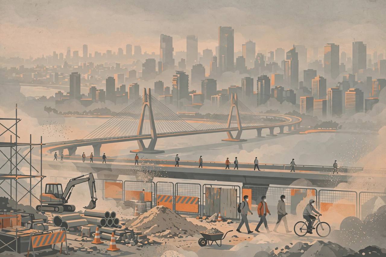 Editorial illustration of the Mumbai skyline and sea link shrouded in smog, with a dusty construction site in the foreground