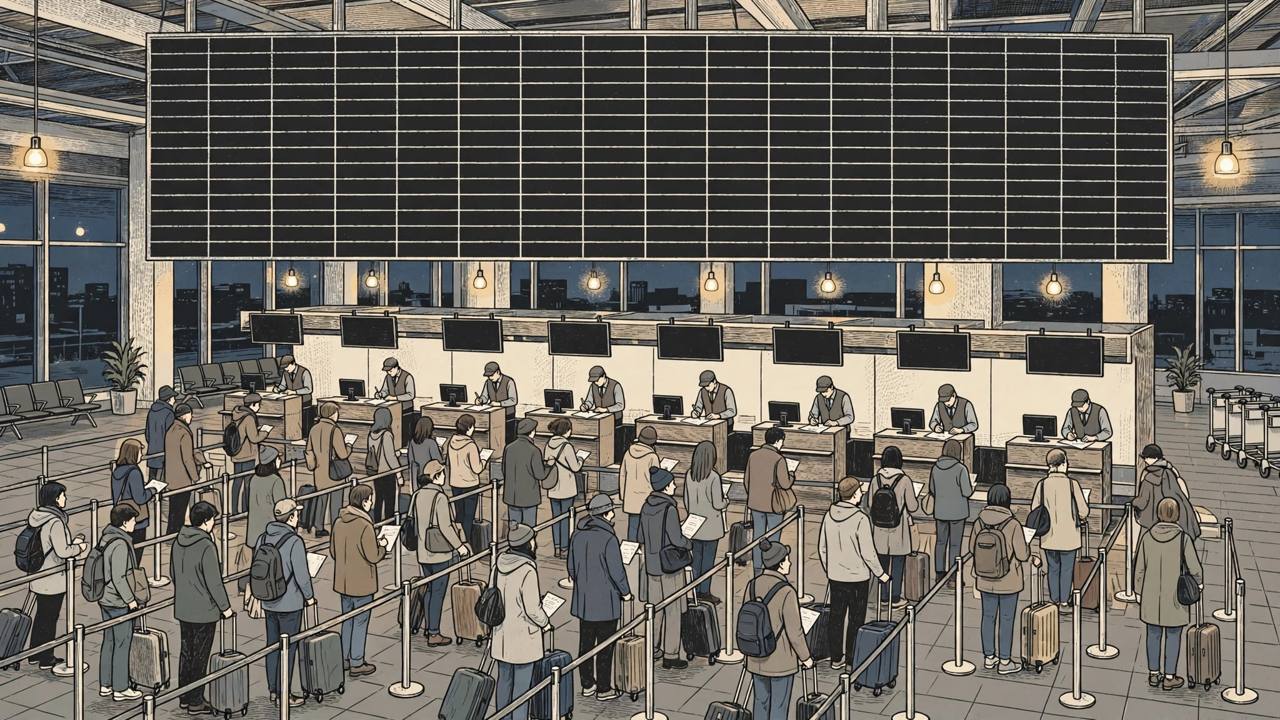 Airport departure hall with long passenger queues at check-in counters while staff process travellers by hand